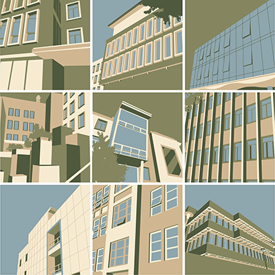 9 images of USF focusing on form and shapes with green colors