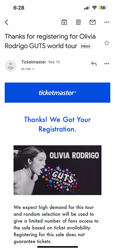 Screenshot of my registration for the GUTS world tour