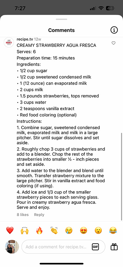 Recipe for Creamy Strawberry Agua Fresca on Instagram