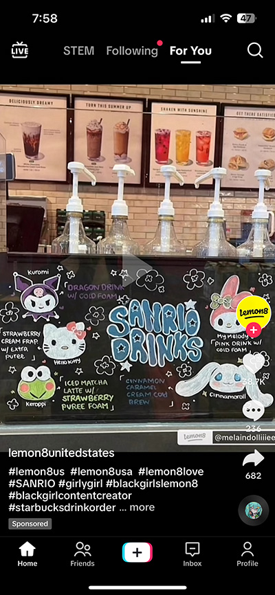 Sanrio drinks at Starbucks